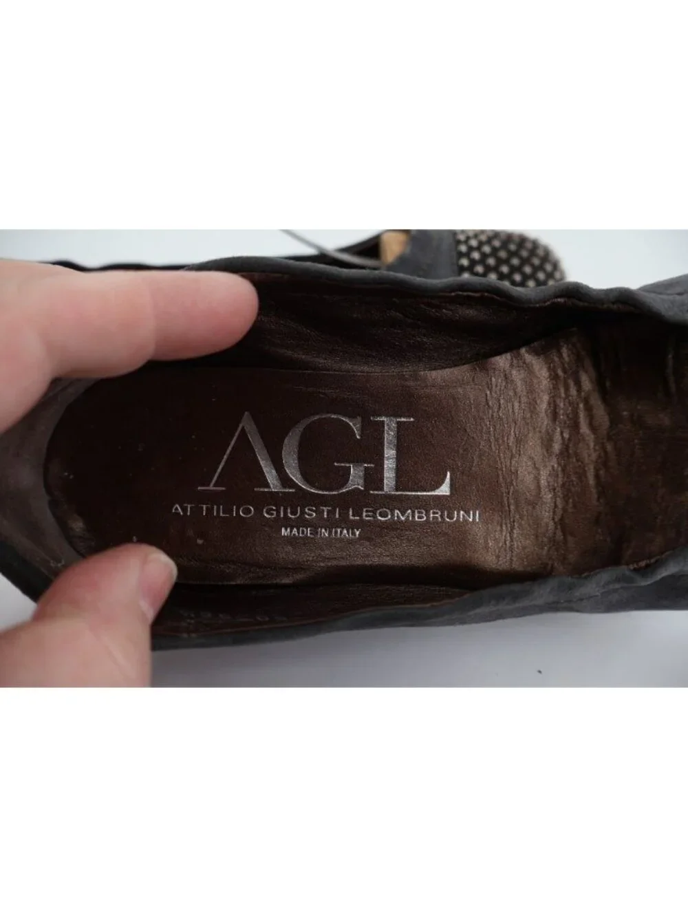 AGL Womens Ballet Ballet Flat Size 36.5 6.5 Gray Leather Studded Cap Toe Italy